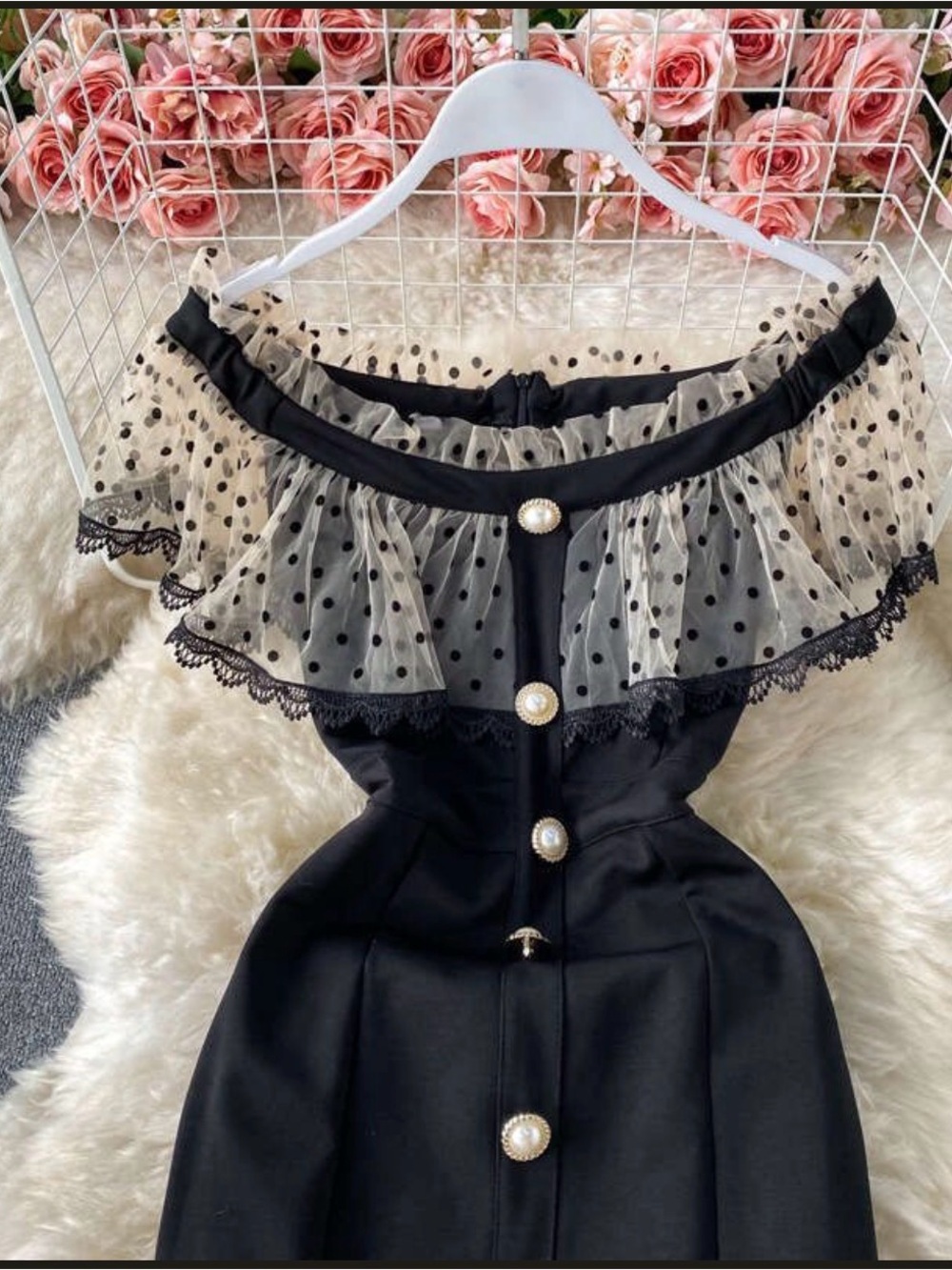 Off-Shoulder Black Dress Top with Polka Dot Ruffle